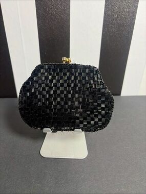 Vintage DeLill Black Glass Beaded Evening Clutch Purse Kiss Lock Handmade Macao
